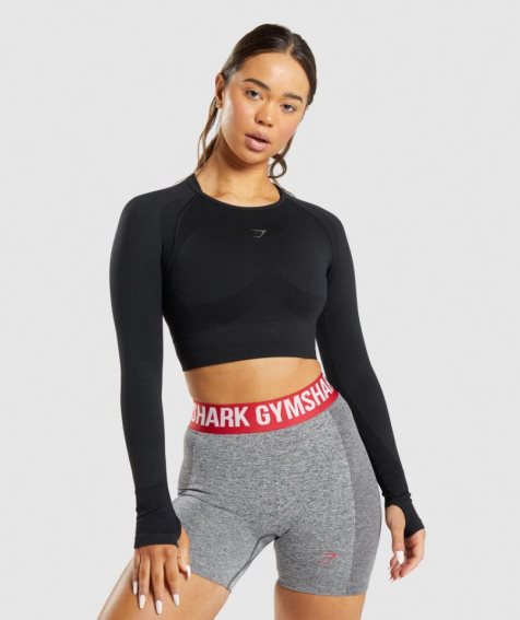 Women's Gymshark Flex Sports Long Sleeve Cropped Tops Black | NZ 6LQDBR